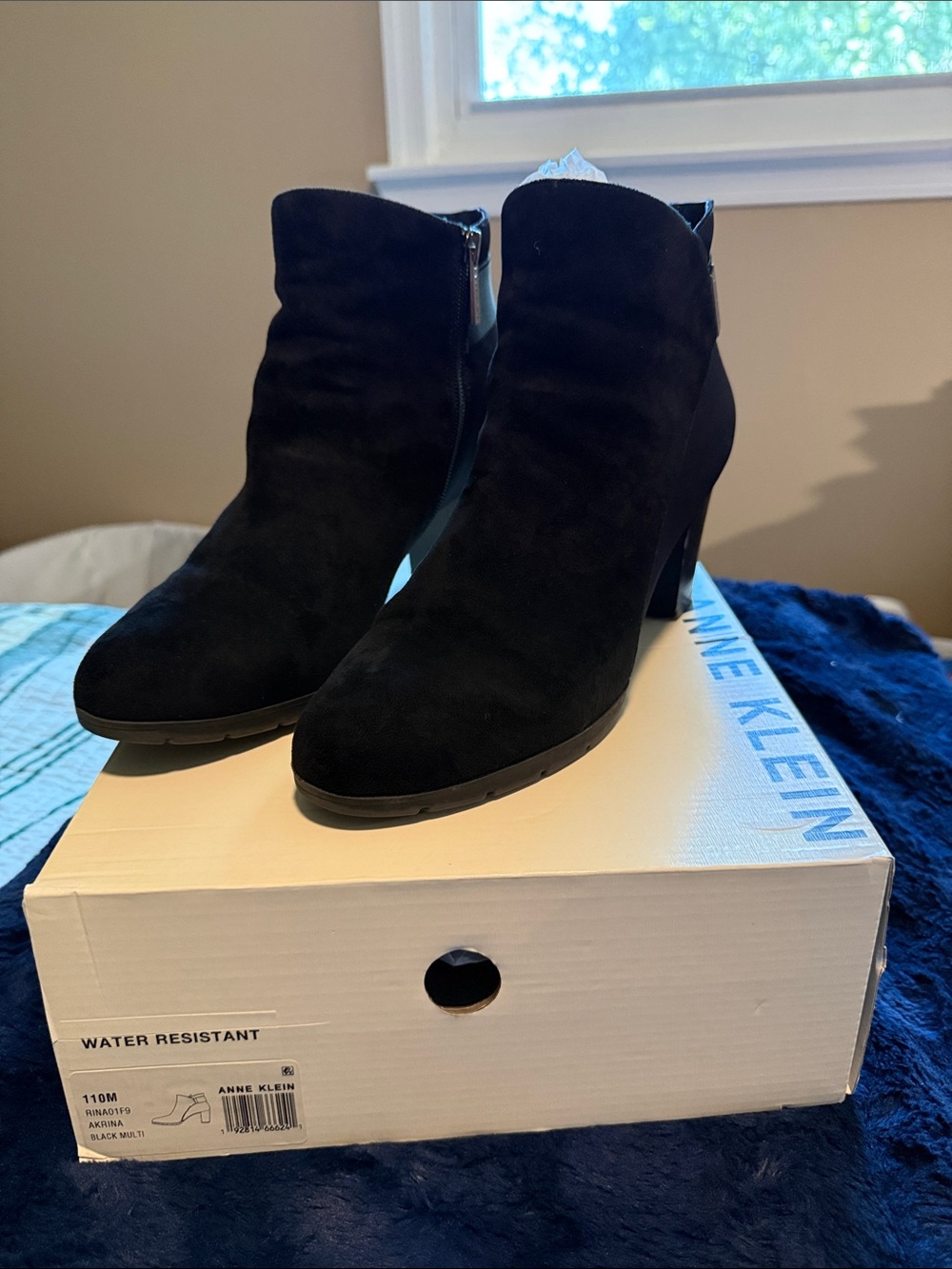 Anne Klein Black Suede Heel Ankle Booties Water Resistant Size 11